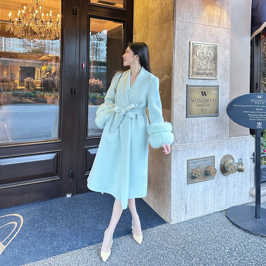 Grace Kelly Wool Coat with Fur Sleeves (Pastel Blue)