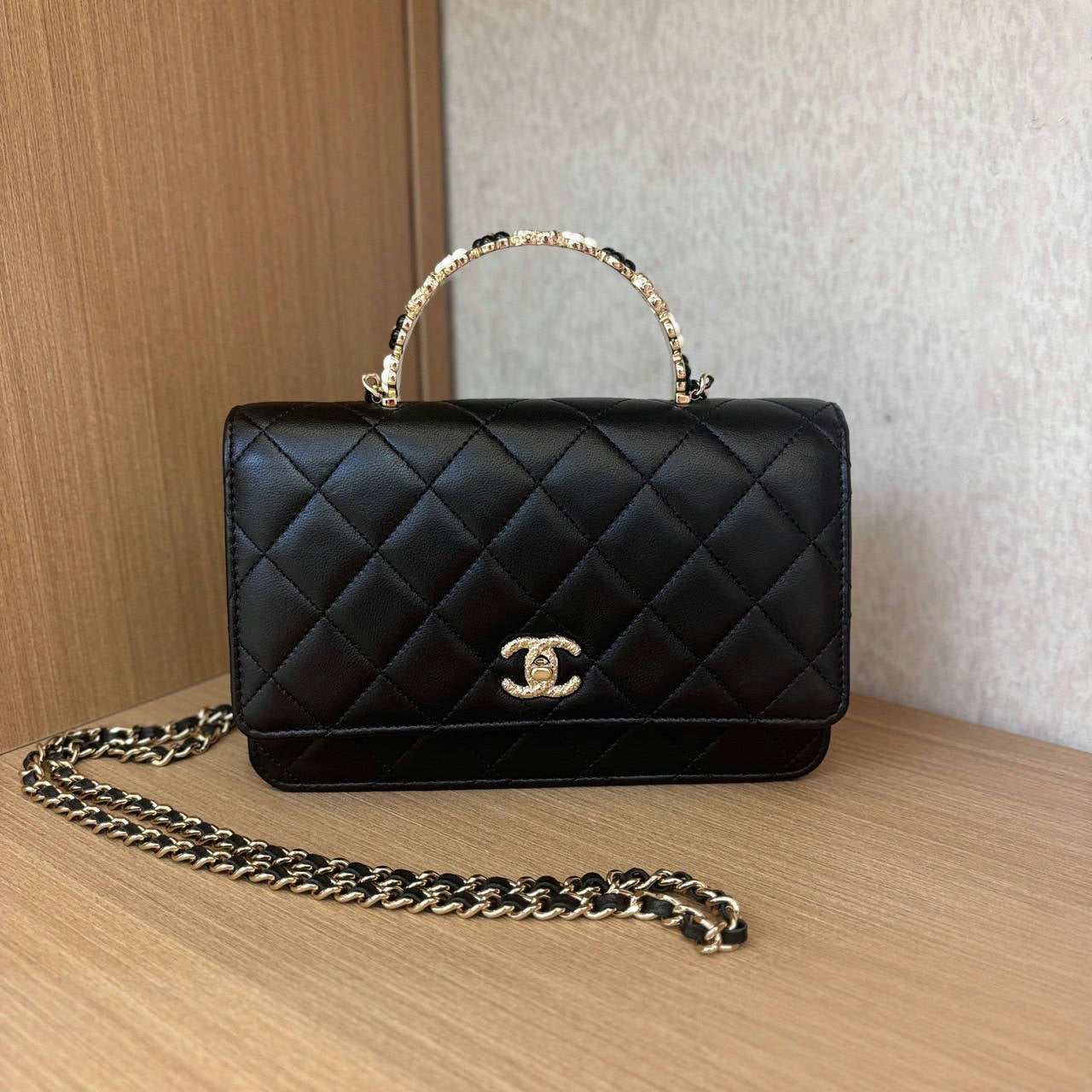 Like New Chanel Top Flower Handle Wallet on Chain (WOC) in Black Lambskin with Gold-Tone Metal – 23K Collection